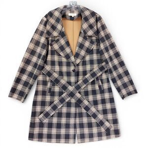 Solitaire Plaid Trench Coat Women's Sz L Belted Long Jacket Black Beige Classic